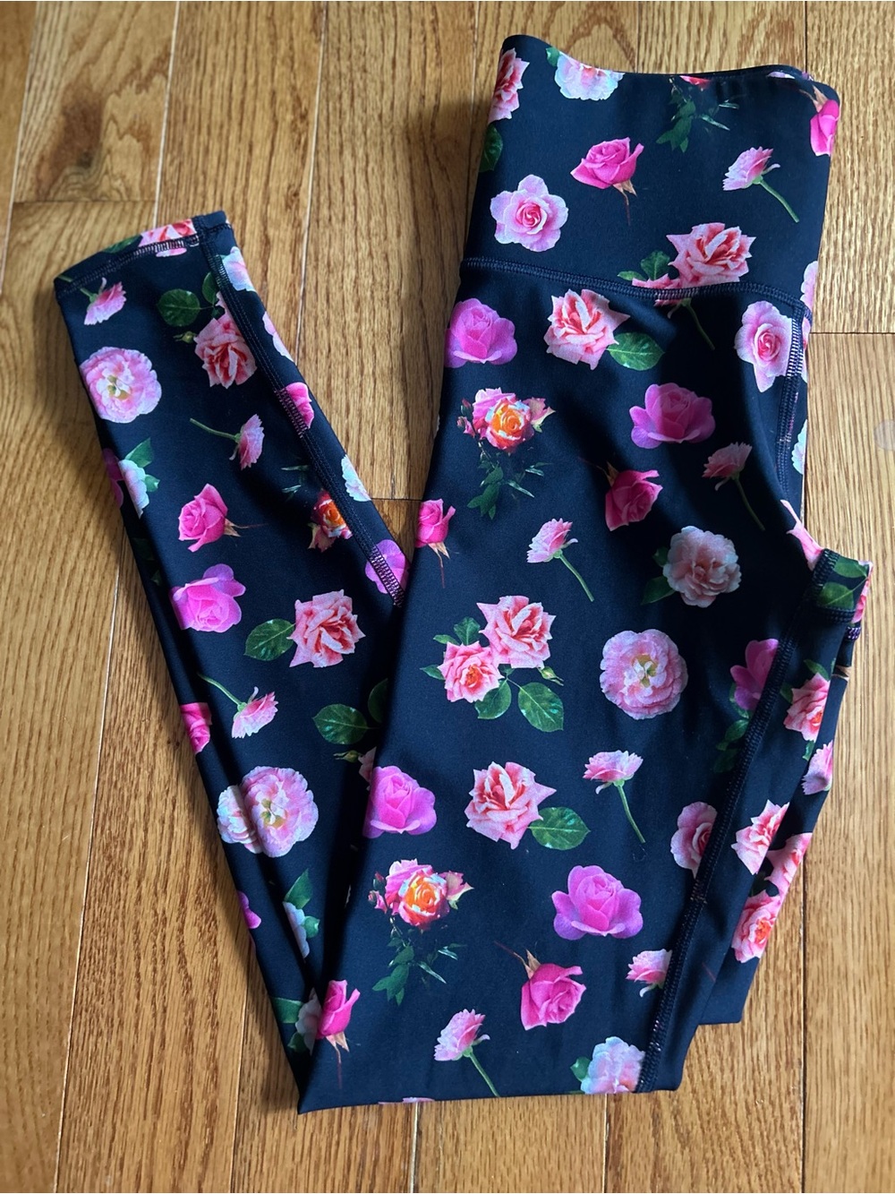 Terez High Waste Black Leggings with Pink Rose Floral Print New Small